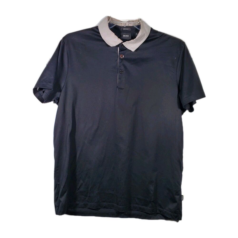 HUGO BOSS Rapino Polo Shirt Mens L Black Gray Contrast Collar Mercerised Cotton
